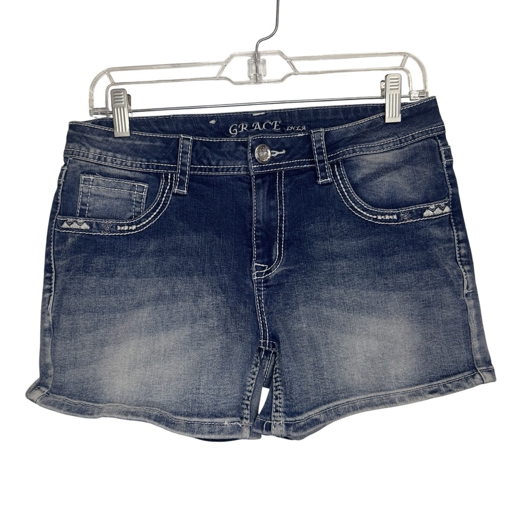 Grace in LA Womens Embroidered Rhinestone Denim Shorts Blue Size 9 29 Western
